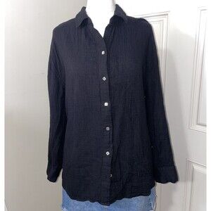 Casa Cabana Button Up Soft Roll-up Long Sleeve Blouse Black Size Medium